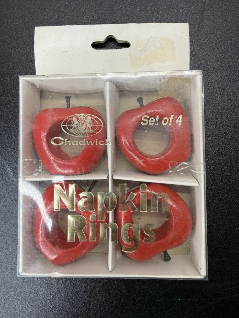 Chadwick Wooden Apple Napkin Rings Set of 4 Red Fruit Table Decor NIB